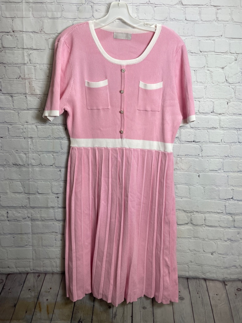 Cotton Candy Pink and Whit Short Sleeve Pleated Knee Length Spring Tennis Dress - Picture 2 of 10